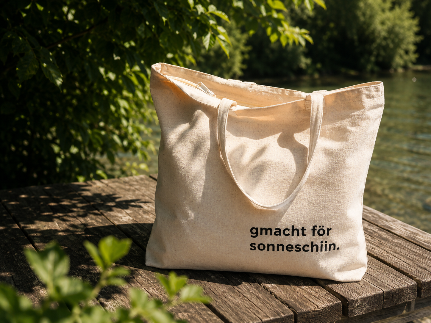 gmacht för sonneschiin. | grossi Täsche met Riissverschluss